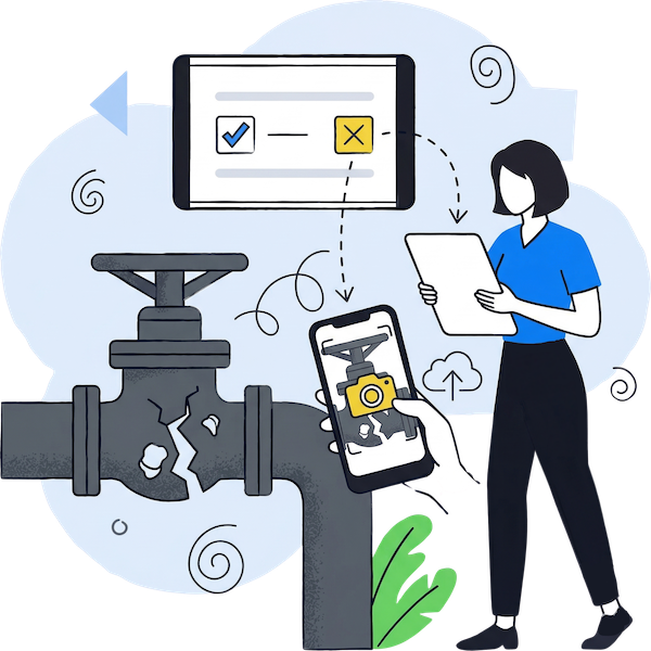 An illustration of a smart inspection workflow where a woman uses a digital tablet to manage a checklist. The image shows a cracked industrial pipe being documented via a smartphone camera. The workflow demonstrates using Choice fields to mark a Fail status, which triggers conditional logic to require a Photo or File Upload as visual evidence of the defect.
