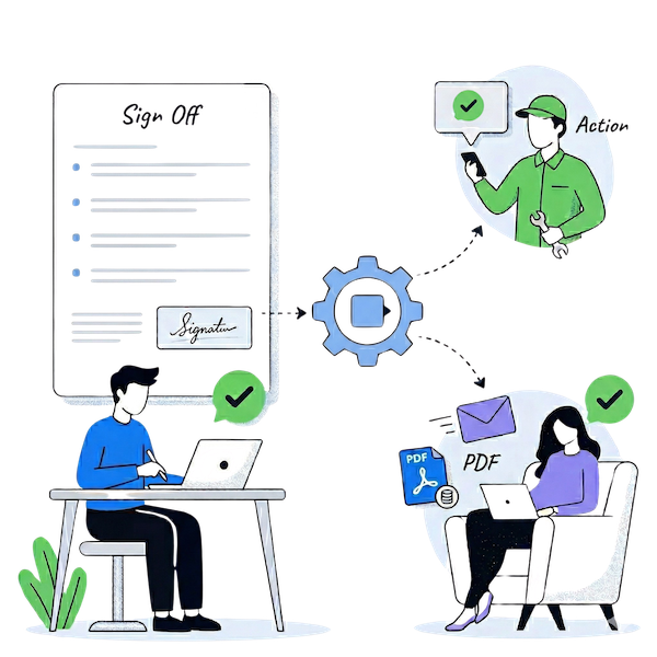 An illustration titled Sign Off and Trigger Next Step showing how completed inspection checklists drive automated workflows. A user signs an audit using a digital Signature field, which triggers a central automation gear. This workflow automation simultaneously generates a signed certificate, alerts maintenance staff, and uses integrations to send a clean PDF copy directly to a client or database. The process is streamlined for complex audits, which can also be completed through a step-by-step conversational form layout.