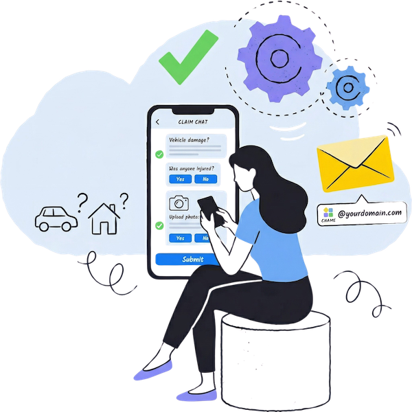A policyholder filing an auto insurance claim on a smartphone using a chat-style conversational form, highlighting seamless mobile claim intake and custom domain (CNAME) integration.