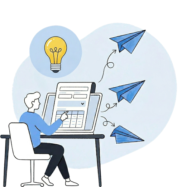 An illustration showing an insurance agent interacting with a digital form on a monitor, with an idea bulb above and several paper planes carrying form data to different destinations, symbolizing logic-based routing and automated insurance workflows.