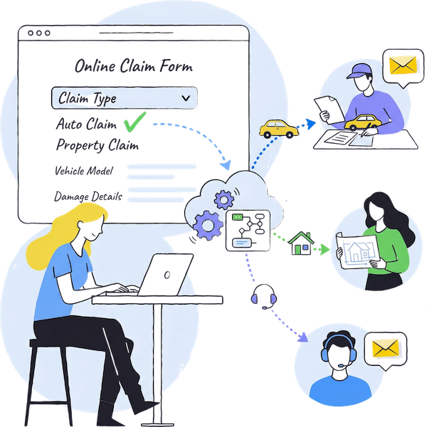 A single digital input form automatically generating multiple completed insurance PDF documents and route it to different stakeholders: an auto adjuster, a property specialist, and a customer support agent. The visual highlights the seamless transition from a single data entry point to a fully automated, multi-channel distribution workflow.