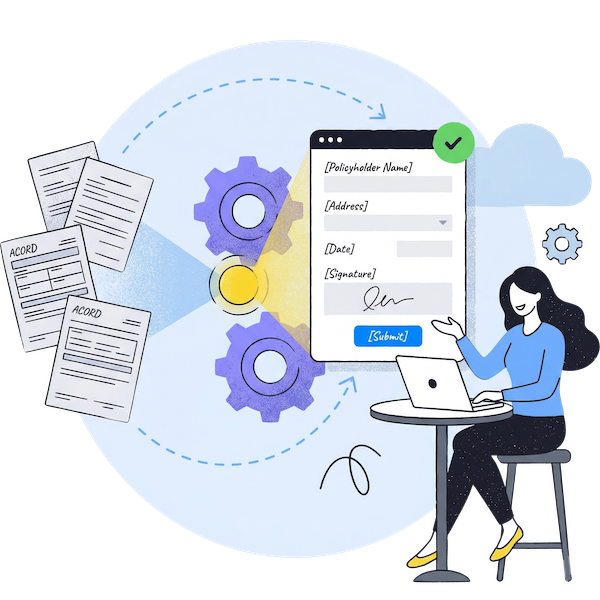 An illustration showing the AI-powered transformation of paper ACORD forms into a digital, ready-to-use online insurance form with automated field detection.