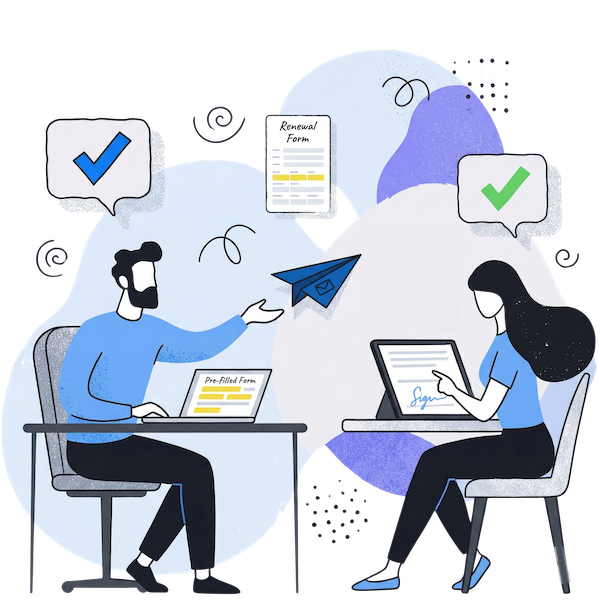 An illustration of a seamless document renewal process where an agent sends a pre-filled form to a client who securely signs it with an e-signature certificate.