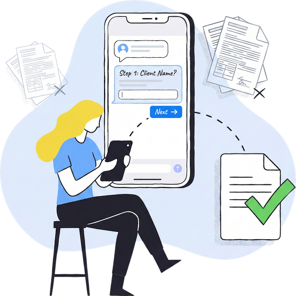 An illustration of a lawyer using a smartphone to fill out a conversational legal form, showing the transition from complex paperwork to a simple, step-by-step digital process.