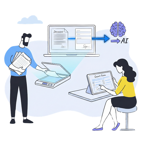 The transition from paper to digital legal forms. On the left, a lawyer scans physical documents into a laptop where they are processed by AI. On the right, a woman sits at a desk using a tablet to sign a 'Smart Form', all set against a clean, light blue and grey background.