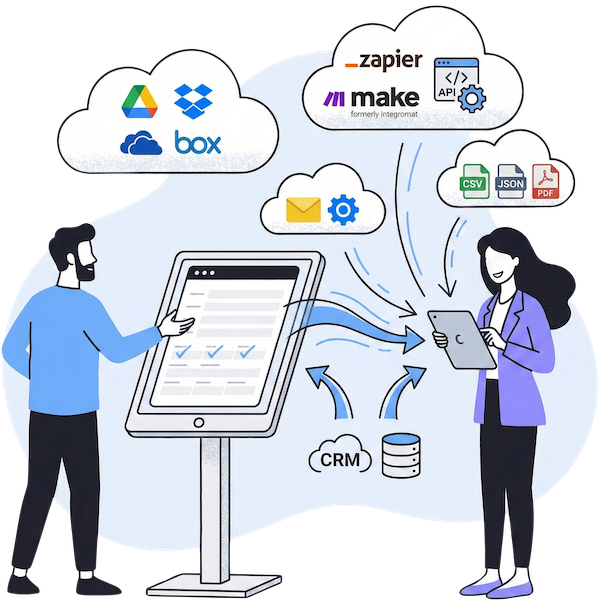 An illustration of two lawyers standing by a large digital screen, showing data flowing into various cloud storage, automation, and file format icons (like Google Drive, Zapier, and PDF) in a clean, professional art style.