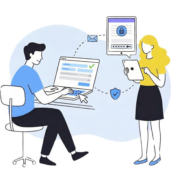 A lawyer at a laptop and a woman with a tablet collaborating on secure data management. The scene features pre-filled forms, lock icons, and a password-protected interface, using a clean blue, yellow, and grey color palette to represent confidentiality and access control.