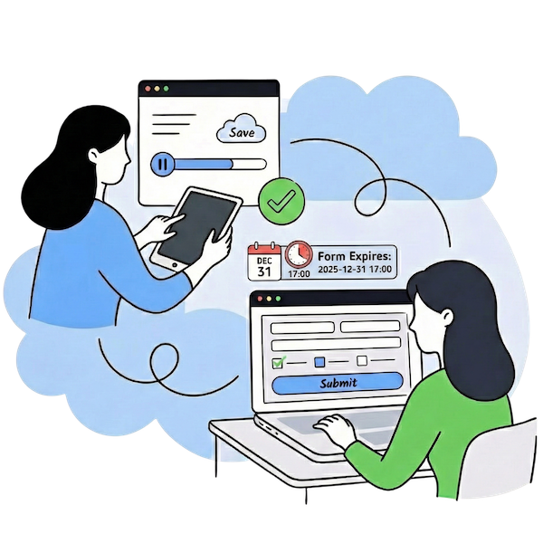 Two lawyers using digital devices to manage forms: one saves progress on a tablet, while the other sets scheduling and submission limits on a laptop. The clean, hand-drawn illustration uses a blue and green palette to show flexible and controlled intake.