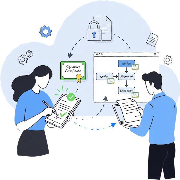 A workflow illustration featuring a lawyer signing a tablet and a man reviewing documents, connected by a signature certificate and a secure approval process.