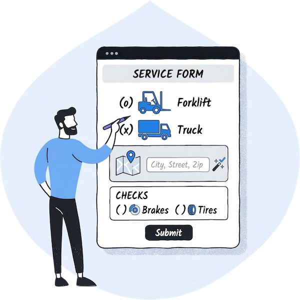 Illustration of a worker using a dynamic digital form with conditional logic for vehicle inspections and address autocomplete for logistics.