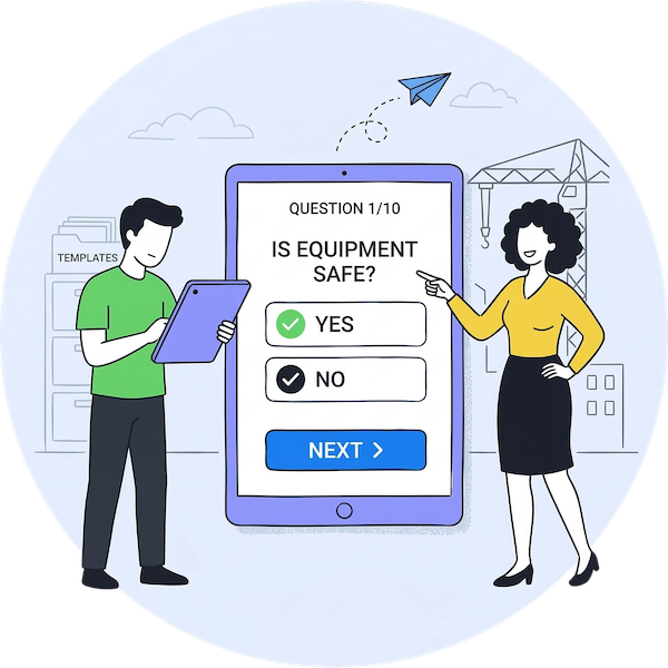 A flat vector illustration showing a man holding a small tablet and a woman pointing to a large central mobile screen. The large screen displays a conversational form asking 'Is equipment safe?' with 'Yes' and 'No' buttons. In the background, there is a filing cabinet labeled 'Templates' and a construction crane, representing field operations.
