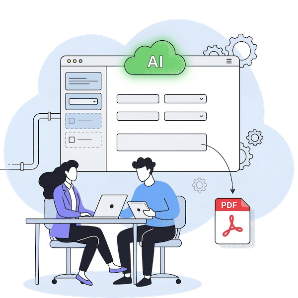 An illustration featuring two professionals at a desk collaborating on digital devices, with a large web browser interface in the background labeled AI. The interface shows a customizable form layout with various input fields. An arrow points from the web form to a PDF document icon, symbolizing the automated generation of standardized files. The design uses a clean, modern aesthetic with blue and green accents, gear icons to represent industrial workflows, and a cloud-shaped background.
