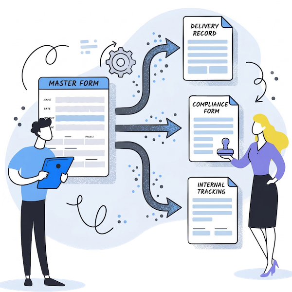 Illustration of a digital Master Form automatically populating multiple operational PDFs, including a delivery record, compliance form, and internal tracking document.