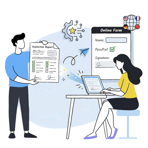 Illustration showing the conversion of a paper inspection report into a digital fillable online form on a laptop, featuring multilingual support for global manufacturing and logistics teams.
