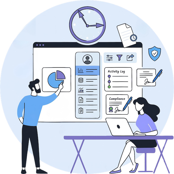 The image features two professionals—a man standing and pointing at a large digital interface, and a woman seated at a desk working on a laptop. The central dashboard displays various data visualization tools, including a pie chart, a vertical menu for data management, and specialized sections for an Activity Log and Compliance verification.