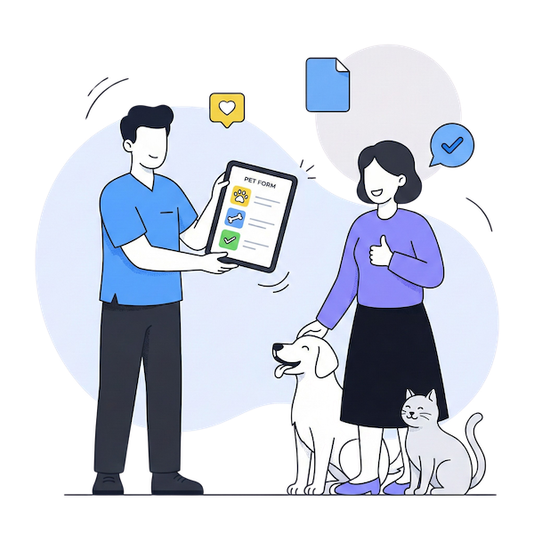 An illustration of a veterinarian in blue scrubs presenting a digital Pet Form on a tablet to a pet owner. The owner, a woman in a purple sweater, gives a thumbs-up while standing next to her happy dog and cat. Floating icons of a heart, a document, and a checkmark symbolize the easy, digital management of pet care paperwork.