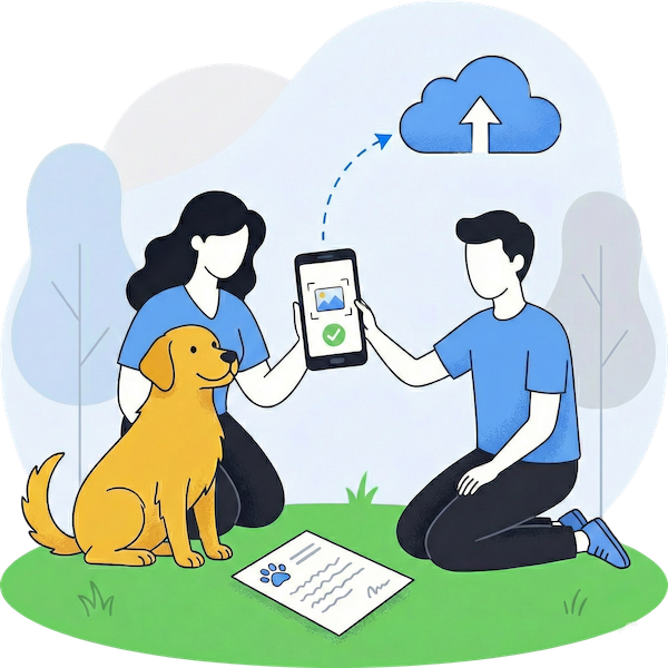 An illustration of a pet owner and a partner kneeling with their golden retriever, using a smartphone to photograph a paper document. A blue dashed arrow points from the phone to a cloud icon, symbolizing the seamless mobile upload of pet records and vaccination forms to PlatoForms' digital storage.