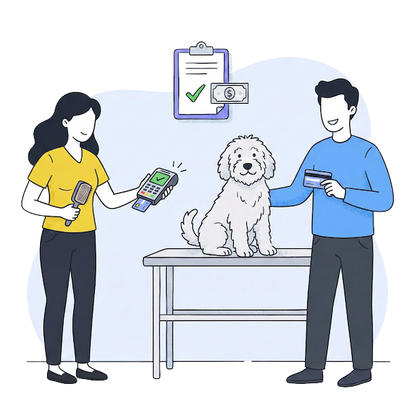 Vector illustration of a pet grooming payment scene. A pet owner holds a credit card next to a fluffy white dog on a grooming table, while a groomer holds a card reader showing a green checkmark. A clipboard with a dollar bill icon in the background symbolizes a successful digital transaction.