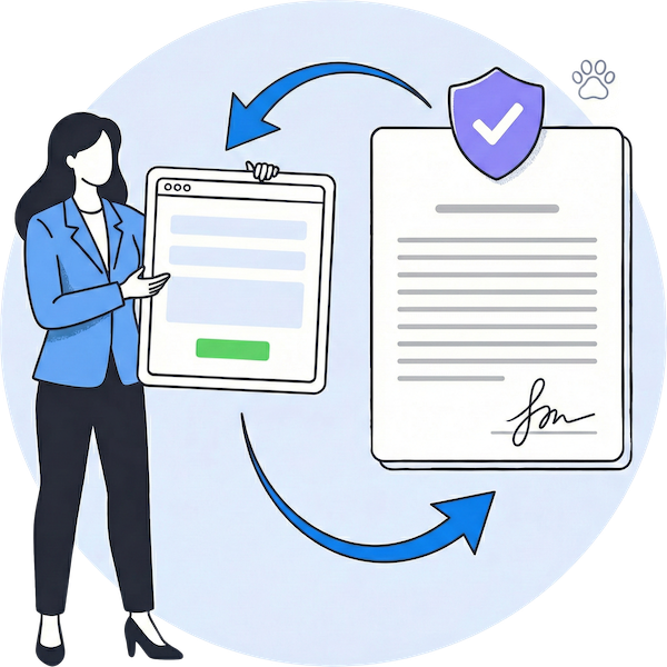 An illustration of a woman in a blue blazer holding a digital tablet. A blue arrow shows the conversion of a signed paper document with a security shield icon into a mobile-friendly online form, highlighting the preservation of legal formatting.