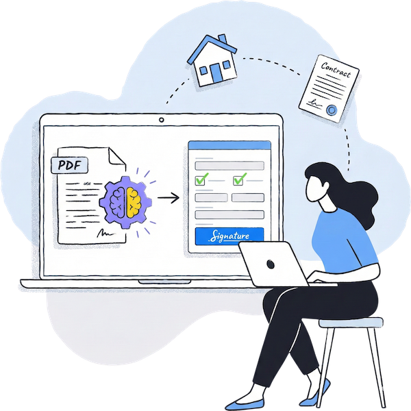 Illustration d'un professionnel de l'immobilier utilisant un ordinateur portable, avec un arrière-plan graphique montrant la technologie IA convertissant un contrat PDF statique en un formulaire numérique éditable avec des champs de signature.