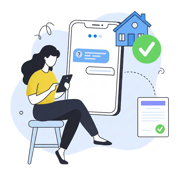 Illustration d'un utilisateur complétant facilement une demande immobilière sur un appareil mobile via une interface conversationnelle, avec un grand écran de smartphone affichant des bulles de chat, une icône de maison et une coche verte de succès pour représenter la réduction de l'abandon.