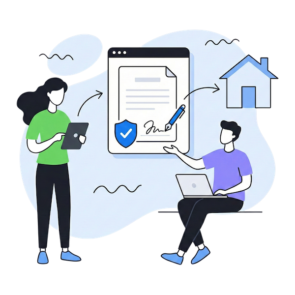 Illustration vectorielle plate d'un flux de transaction immobilière sécurisé. Un professionnel debout avec une tablette et un autre assis avec un ordinateur portable collaborent sur un document numérique comportant une signature électronique légalement contraignante et un bouclier de sécurité, connecté à un symbole de maison pour représenter les accords de propriété.