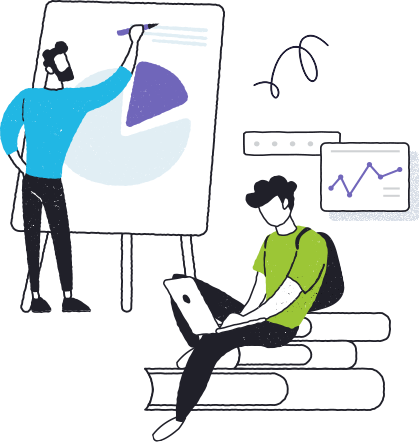 a man drawing a graph and a man sitting on top of books using his laptop to create a client information PDF form
