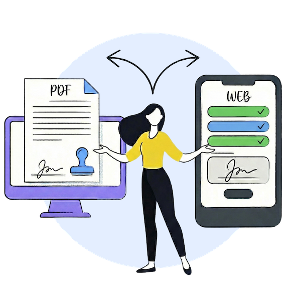 Conversion de PDF en formulaires remplissables ou formulaires web : Illustration d'un utilisateur choisissant le meilleur format pour son scénario de vente, des documents juridiques de vente à l'accueil mobile rapide.