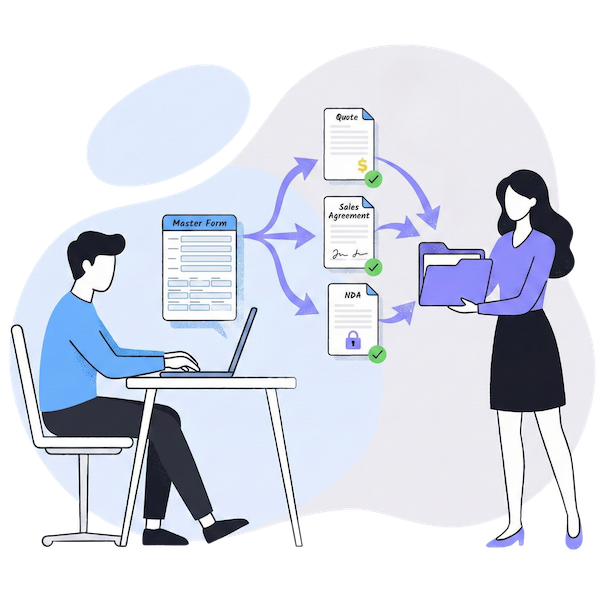 Diagramme d'automatisation des ventes montrant un 'Formulaire Maître' qui remplit automatiquement trois documents distincts : un devis, un accord de vente et un NDA.