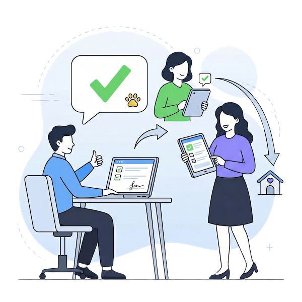 A digital workflow illustration showing an adoption application moving from a male applicant on a laptop to a foster reviewer on a tablet, and finally to a director for approval. Icons of paw prints and a house with a heart symbolize a smooth, paperless journey for a pet finding a forever home.