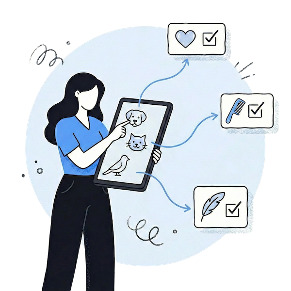 An illustration showing how conditional logic adapts pet intake forms: a user selects a dog, cat, or bird on a tablet, which triggers species-specific medical questions like heartworm checks for dogs or feather health for birds.