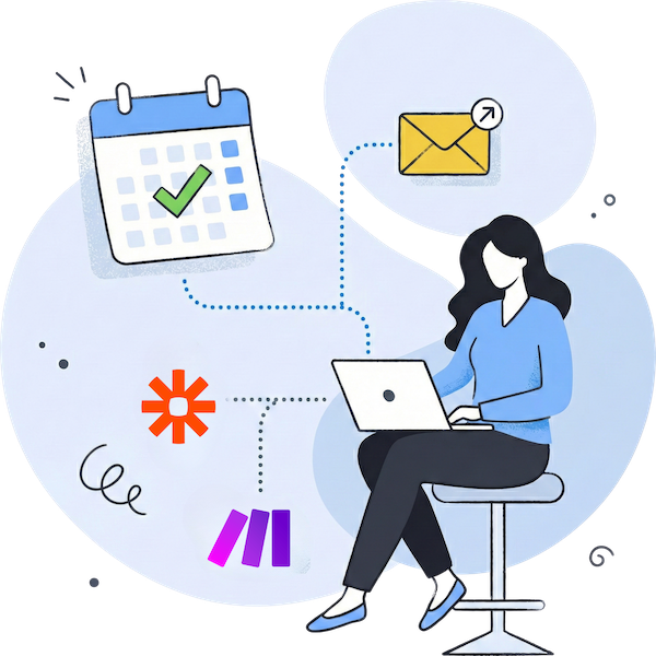 A diagram showing how a PlatoForms submission automates clinic tasks: triggering an email notification, scheduling a calendar appointment, and updating database records via Zapier or Make.