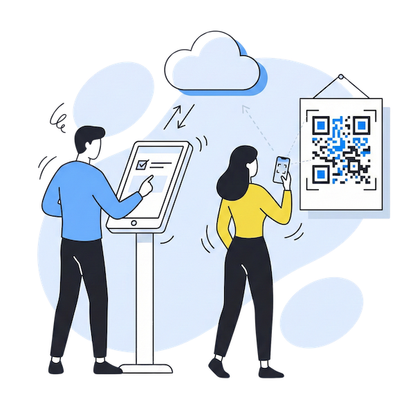 An illustration of a veterinary lobby showing two digital check-in options: a man using a tablet on a stand (Kiosk Mode) and a woman using her smartphone to scan a QR code on a wall poster.