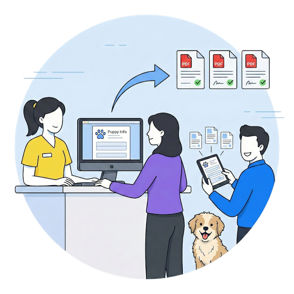 Illustration showing a 'Puppy Info' web form being filled out on a computer and tablet, which then automatically populates three separate PDF documents with green checkmarks, demonstrating the Master Form workflow.