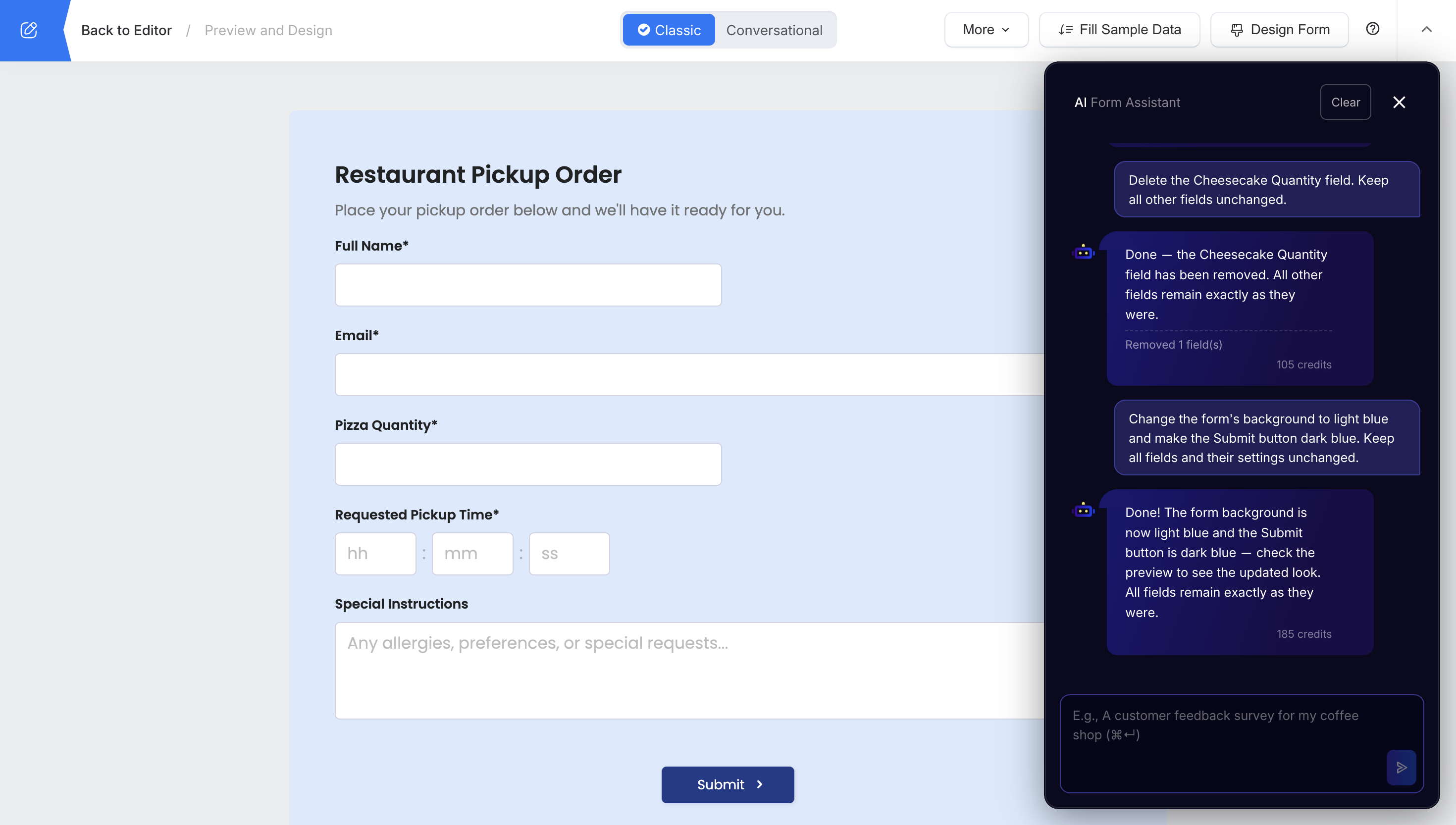 Refining a Web Form through chat with the AI Form Assistant