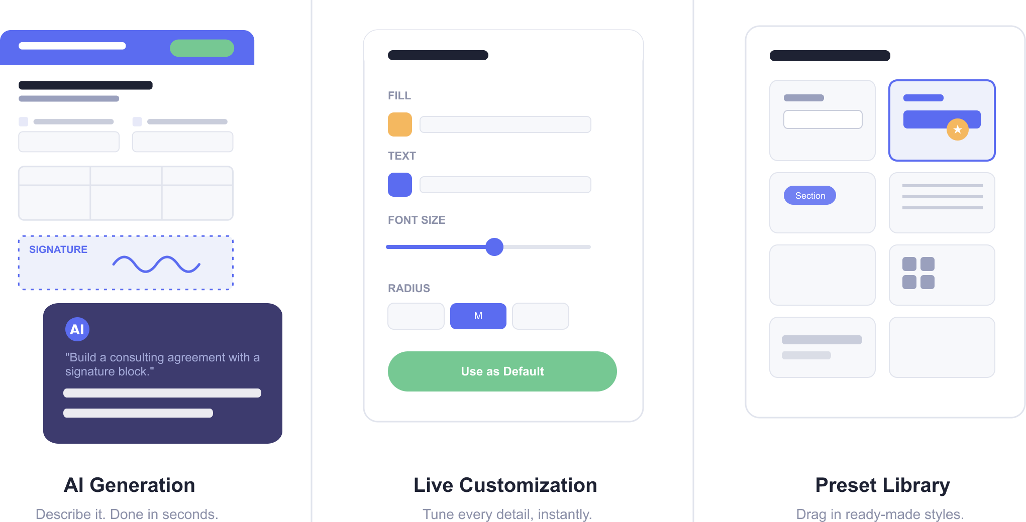 PlatoForms PDF Document Creator canvas editor showing a contract being designed with AI assistant