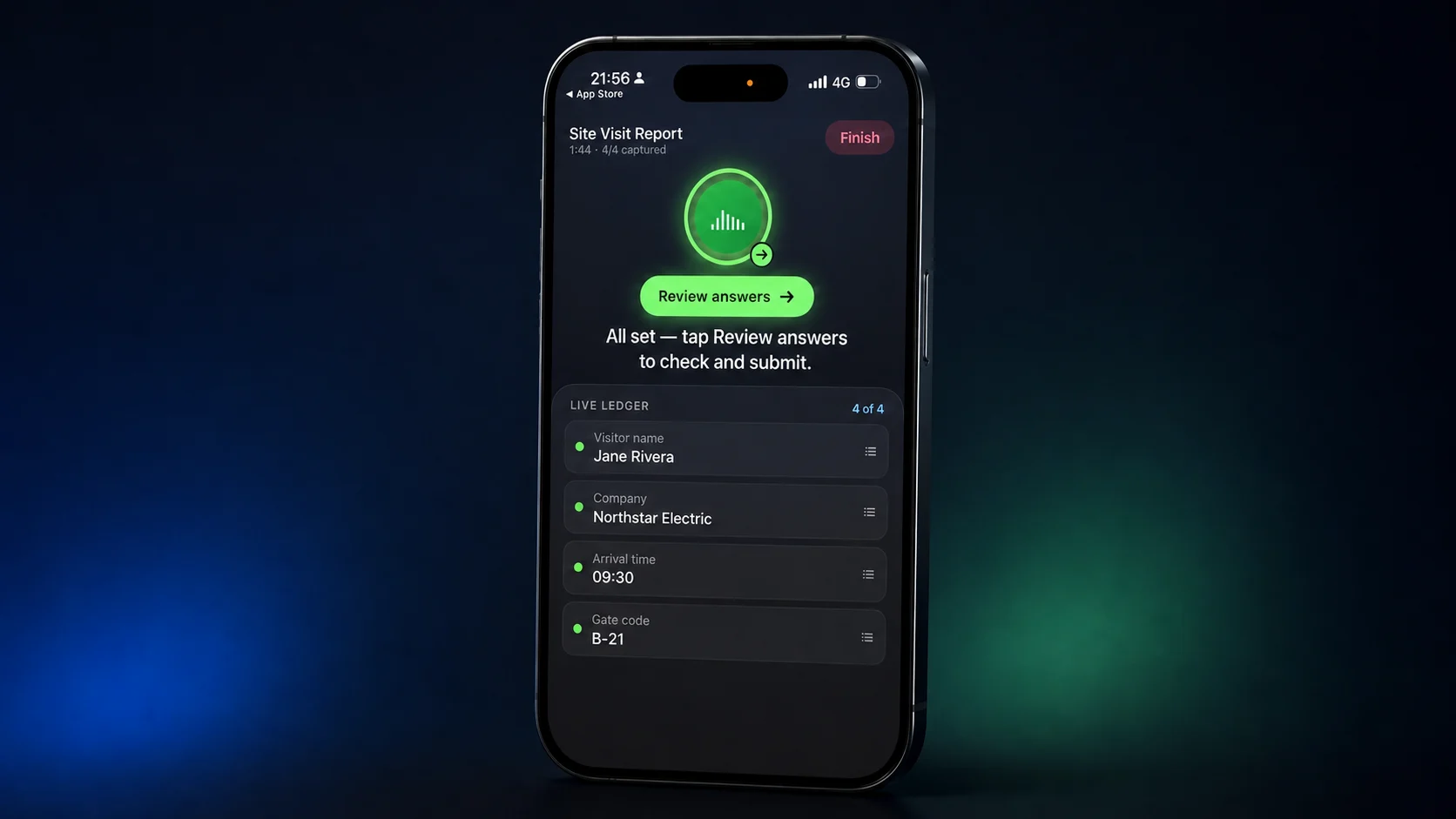 PlatoForms Voice Filling app showing a form ready for review